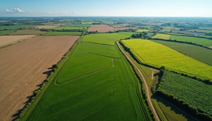 Vast aerial view of colorful patchwork farmland with green fields, yellow rapeseed crop, and tilled earth. A dirt track winds through cultivated country landscape under blue sky. Rural farming scene.