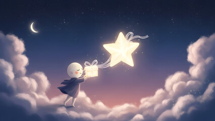 Naklejka premium A young child floating among clouds holding a star on a magical night sky
