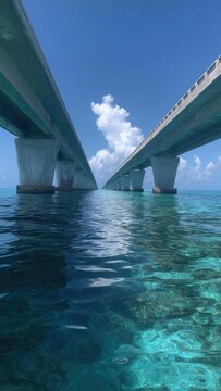 Low-angle view between two parallel bridges over turquoise water, concrete piers rising from the sea under a blue sky. Concept Bridge Photography, Low-Angle Perspective, Turquoise Water