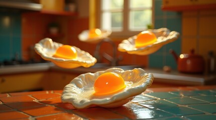 Huevos fritos surrealistas que flotan con yemas de neón vibrantes