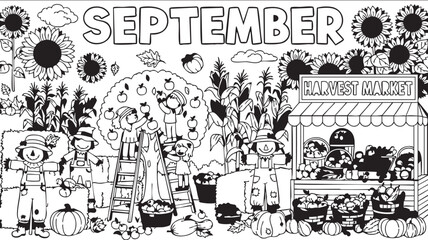 Obraz premium A vibrant autumnal scene with people celebrating September at a pumpkin market stall surrounded by flowers, fruits, and decorative elements