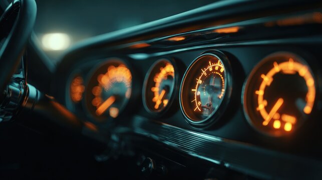 Close up of vintage car dashboard illuminated by glowing orange lights