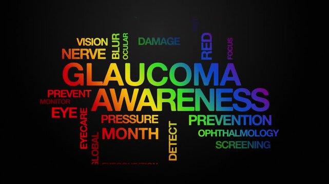 glaucoma awareness concept Animated Tag Word Cloud kinetic typography, Text Design Animation typography seamless loop video motion graphics Intro Wordart text reveal loop rainbow type on black bg 
