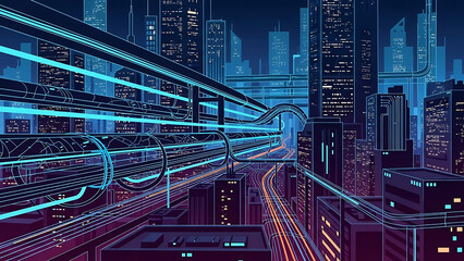 Futuristic cityscape at night with neon blue lines and skyscrapers, depicting a high tech urban landscape with advanced transportation systems and modern architecture