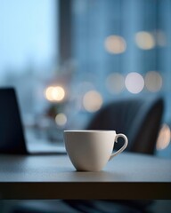 Fototapeta premium A white coffee cup sits on a table in a softly lit room with blurred city lights in the background. Concept Cozy urban still life, Soft lighting ambiance, White coffee cup on table