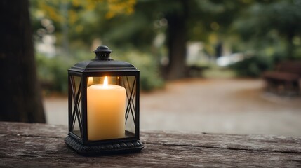A vintage lantern with a lit candle sits on a rustic wooden table in a serene park setting