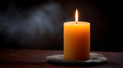A lit orange candle emits a warm glow in the darkness with subtle smoke rising against a dark background