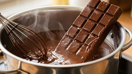 Melting Chocolate Bars in a Pot with Whisk at Home Kitchen Environment