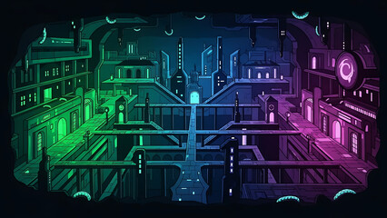 Neon lit futuristic cityscape with purple and green hues, depicting a vibrant cyberpunk inspired metropolis at night with sleek architecture and advanced technology