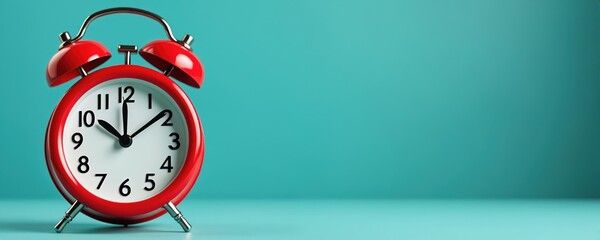 Red vintage alarm clock on teal background. It is almost ten oclock, time for school. Get up now, no more sleep. Wake up for your daily lesson. Early start.