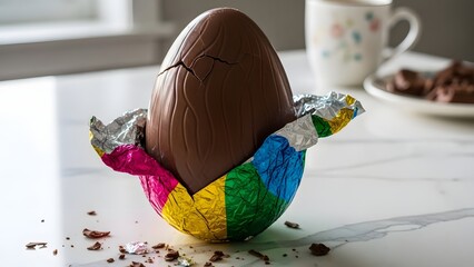 Easter Celebration, Chocolate Egg, Kitchen Table, Photo, Indoor, Close-up, Sweet Treats and Joyful Moments