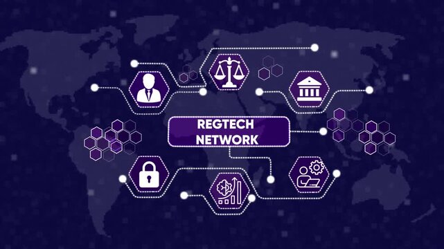 Regtech Network Concept with World Map and Icons regulation. Management and Digital Transformation Technology Background. icons on technology abstract 4K Animation background.