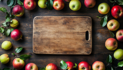Empty wooden board with apples copy space layout template for a food background copy space and cutting board
