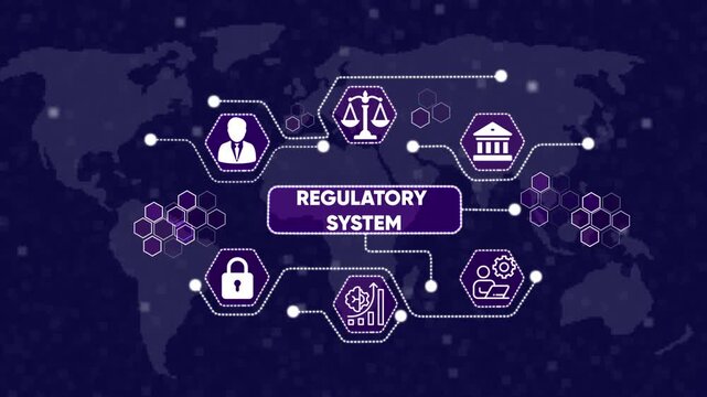 Regulatory System Network on World Map with Icons regulation. Management and Digital Transformation Technology Background. icons on technology abstract 4K Animation background.
