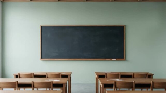 Empty classroom with wooden desks and chairs facing a large blackboard on a green wall