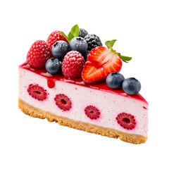 Cheesecake slice with mixed berries and whipped cream in bright studio lighting on white plate for dessert advertising.