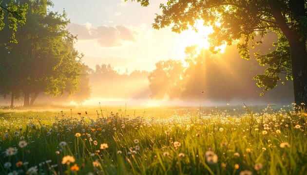 Morning sunlight shines through trees over a field of flowers in an open meadow as fog rises from the ground - Powered by Adobe
