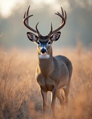 Majestic male white-tailed deer stands alert in sun-drenched grassy field. Its large antlers are prominent against soft, blurred background. Buck is common sight in Oklahoma natural landscapes.