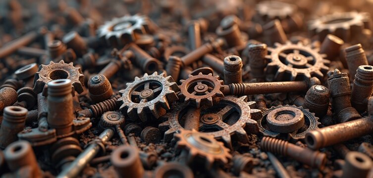 Pile of rusty metal scrap pieces with gears bolts and pipes scattered on ground. Old industrial salvage materials forming textured background.