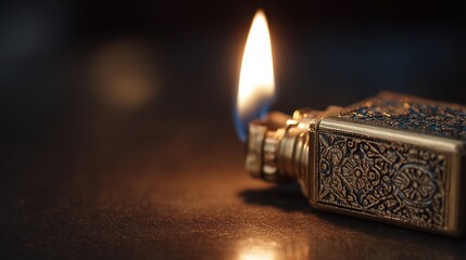 Close up of a decorative lighter with a burning flame
