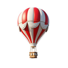 Hot air balloon with red and white stripes and decorative trim in bright daylight on white background for travel and adventure.