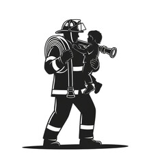 Firefighter carrying a little child Isolated On Transparent Background.