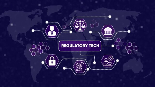 Regulatory Tech Concept with Global Network Diagram.Management and Digital Transformation Technology Background. icons on technology abstract 4K Animation background.