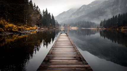Wooden dock on calm lake with mountains and trees