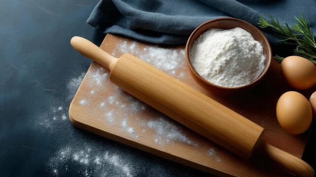 Baking essentials on wooden board with flour, eggs, and rolling pin