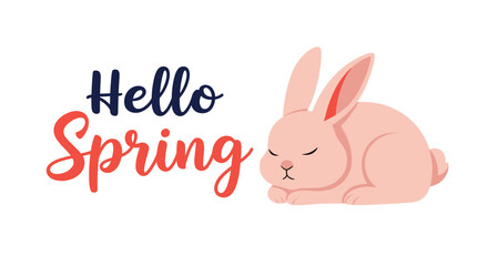 Obraz premium Hello Spring greeting with a cute pink rabbit sleeping peacefully next to the colorful and cheerful modern typography.