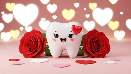 Smiling tooth character surrounded by roses on pink background  