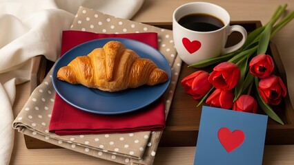Breakfast tray with croissant, coffee, tulips, and greeting card  