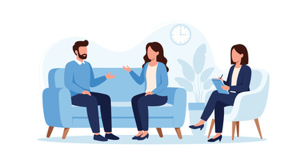 Couple attending a therapy session with a female psychologist or counselor while sitting on a comfortable blue sofa in an office.