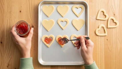 Woman decorating heart-shaped cookies with jam on baking tray  