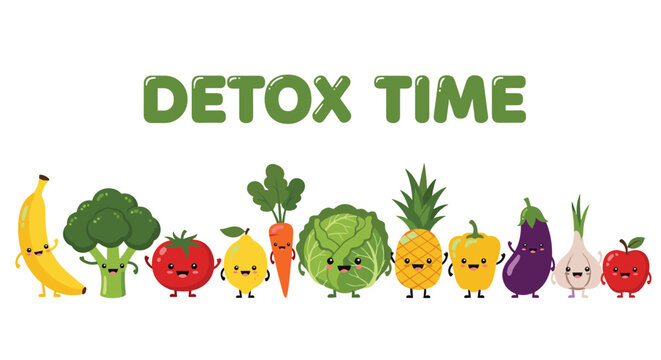 Detox time banner with a lineup of cute and happy cartoon fruit and vegetable characters including a banana broccoli and tomato.