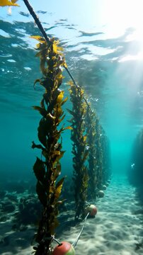 Underwater view of a seaweed farm with rows of kelp growing on ropes under bright sunlight on a sandy ocean floor