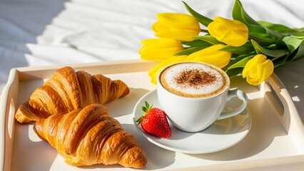 Fresh croissants with coffee and strawberries on a tray with tulips  