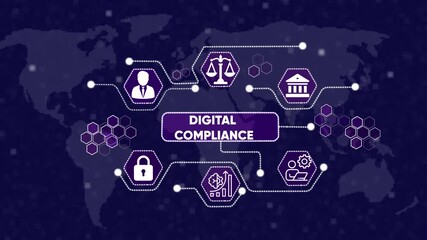 Digital Compliance Network with World Map Background. with social media icons on technology abstract 4K Animation background. - Powered by Adobe
