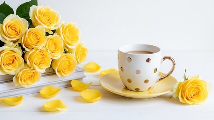 Yellow roses with coffee cup and saucer on white background  
