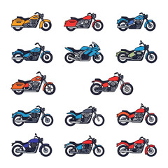 Motorbikes set. Moto transport, motorcycle delivery, motor cycle for motocross, bicycle activity, engine. Modern vehicles, scooters, bikes and choppers. Vector cartoon flat isolated illustration
