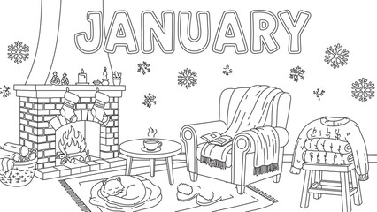 Naklejka premium Cozy winter scene with fireplace and armchair in a snowy living room interior viewed from the side