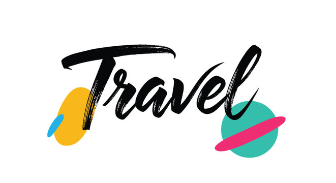 Travel lettering in a dynamic black brush script font decorated with colorful abstract shapes for a modern and adventurous design.