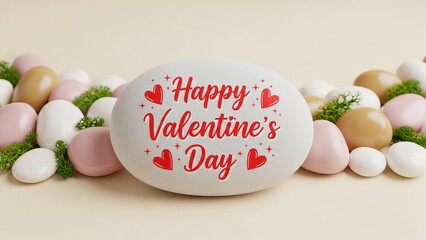 Decorative stone with text saying Happy Valentine's Day surrounded by pastel eggs  