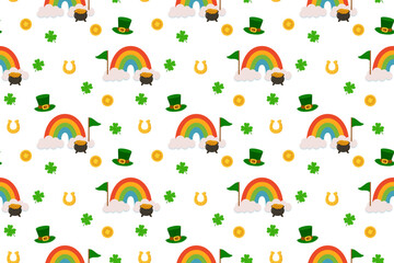 Seamless St Patrick&rsquo;s Day vector pattern with rainbow, pot of gold coins, horseshoe, leprechaun hat, four leaf clovers and green bunting flags on isolated background.