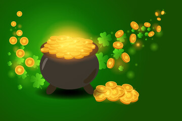 Horizontal vector greeting card for St Patrick&rsquo;s Day with green background, glowing pot full of golden coins, flying Four Leaf Clover, shamrocks coins in background Clean copy space for custom text.
