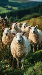 Fototapeta premium A flock of white sheep standing in a grassy hillside meadow with rolling green hills in the background. Concept Pastoral Landscape, Sheep in Meadow, Rolling Green Hills, Rustic Countryside
