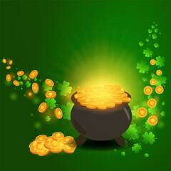 Square vector greeting card for St Patrick&rsquo;s Day Green background, glowing pot couldron full of golden coins, flying Four Leaf Clover, shamrocks coins in background Clean copy space for custom text
