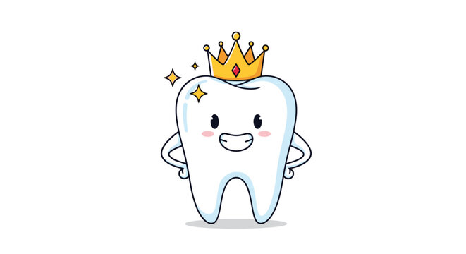 Adorable cartoon tooth character wearing a shiny golden crown and smiling representing strong and healthy teeth or dental care.