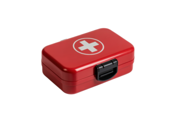 Red first aid kit box with cross