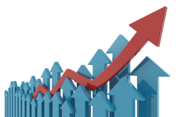 Red arrow leading growth, blue arrows below